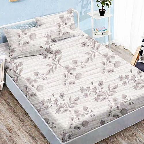 Cearceaf cu elastic 160x200cm + 2 fete de perna 50x70cm, finet, gri deschis cu model floral si dungi fine, Pucioasa 2026-CRFSET-F-160x200-1