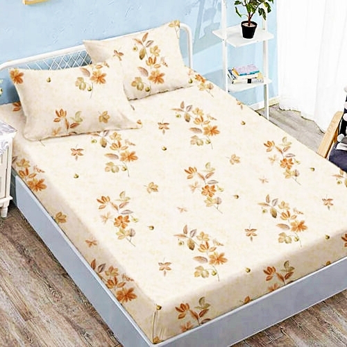 Cearceaf cu elastic 160x200cm + 2 fete de perna 50x70cm, finet, crem cu flori portocalii, Pucioasa 2026-CRFSET-F-160x200-10