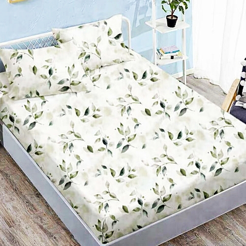 Cearceaf cu elastic 160x200cm + 2 fete de perna 50x70cm, finet, alb cu frunze verzi discrete, Pucioasa 2026-CRFSET-F-160x200-11