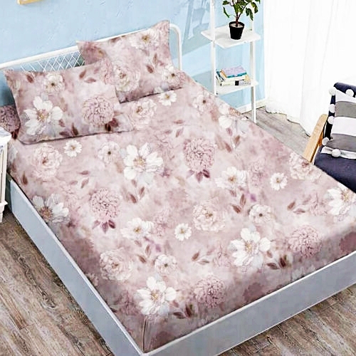 Cearceaf cu elastic 160x200cm + 2 fete de perna 50x70cm, finet, roz prafuit cu flori mari, Pucioasa 2026-CRFSET-F-160x200-14