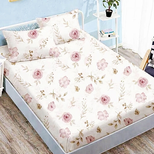 Cearceaf cu elastic 160x200cm + 2 fete de perna 50x70cm, finet, crem cu flori roz si bej, Pucioasa 2026-CRFSET-F-160x200-15