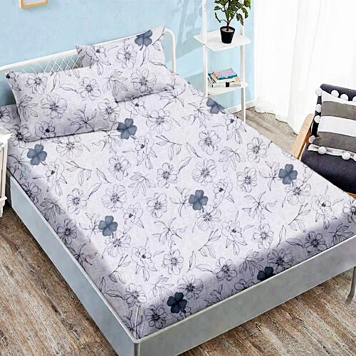 Cearceaf cu elastic 160x200cm + 2 fete de perna 50x70cm, finet, gri cu model floral stil schita, Pucioasa 2026-CRFSET-F-160x200-16