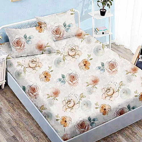 Cearceaf cu elastic 160x200cm + 2 fete de perna 50x70cm, finet, crem cu trandafiri si flori mari colorate, Pucioasa 2026-CRFSET-F-160x200-18