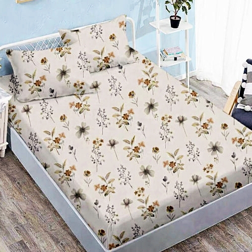 Cearceaf cu elastic 160x200cm + 2 fete de perna 50x70cm, finet, crem cu flori mici maro si gri, Pucioasa 2026-CRFSET-F-160x200-19