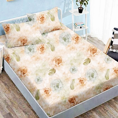 Cearceaf cu elastic 160x200cm + 2 fete de perna 50x70cm, finet, crem cu flori pastel portocalii si verzi, Pucioasa 2026-CRFSET-F-160x200-20