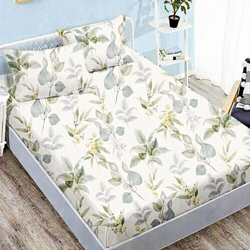 Cearceaf cu elastic 160x200cm + 2 fete de perna 50x70cm, finet, alb cu frunze verzi si galbene, Pucioasa 2026-CRFSET-F-160x200-4