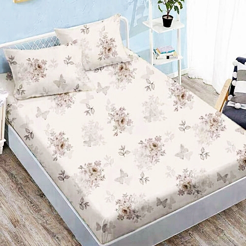 Cearceaf cu elastic 160x200cm + 2 fete de perna 50x70cm, finet, crem cu model floral si fluturi, Pucioasa 2026-CRFSET-F-160x200-5