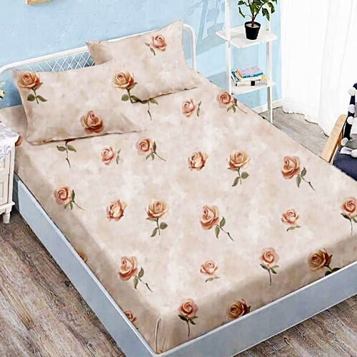 Cearceaf cu elastic 160x200cm + 2 fete de perna 50x70cm, finet, bej cu trandafiri roz, Pucioasa 2026-CRFSET-F-160x200-6