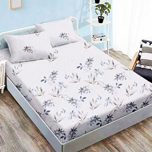 Cearceaf cu elastic 160x200cm + 2 fete de perna 50x70cm, finet, gri deschis cu model floral inchis, Pucioasa 2026-CRFSET-F-160x200-7