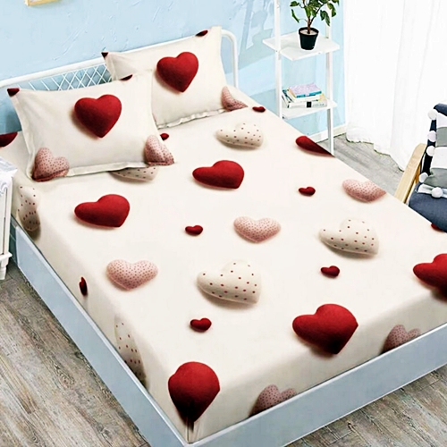 Cearceaf cu elastic 160x200cm + 2 fete de perna 50x70cm, finet, crem cu inimioare rosii si roz, Pucioasa 2026-CRFSET-F-160x200-8