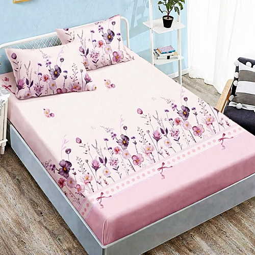 Cearceaf cu elastic 160x200cm + 2 fete de perna 50x70cm, finet, roz pal cu model floral mov, Pucioasa 2026-CRFSET-F-160x200-9