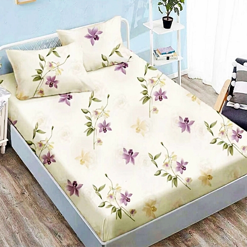 Cearceaf cu elastic 160x200cm + 2 fete de perna 50x70cm, finet, crem cu flori mov si galbene si frunze verzi, Pucioasa 2026-CRFSET-F-160x200-21