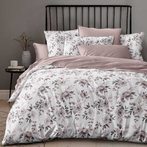 Lenjerie de pat dublu, microfibra, 4 piese, cearceaf de pat 230x250cm, cearceaf pilota 200x230cm si 2 fete de perna 50x70, alb-roz cu imprimeu floral delicat ECN11