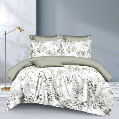 Lenjerie de pat dublu, microfibra, 4 piese, cearceaf de pat 230x250cm, cearceaf pilota 200x230cm si 2 fete de perna 50x70, alba cu frunze verzi pe fundal deschis ECN16