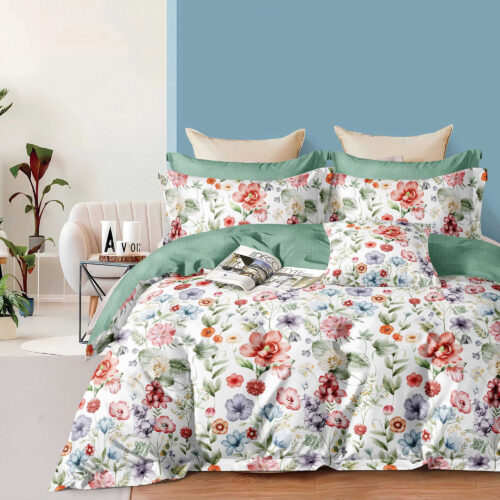 Lenjerie de pat dublu, microfibra, 4 piese, cearceaf de pat 230x250cm, cearceaf pilota 200x230cm si 2 fete de perna 50x70, alba cu imprimeu floral pastelat multicolor ECN2