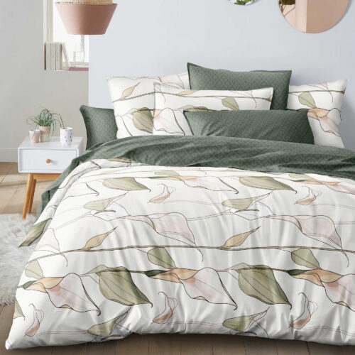 Lenjerie de pat dublu, microfibra, 4 piese, cearceaf de pat 230x250cm, cearceaf pilota 200x230cm si 2 fete de perna 50x70, alba cu frunze pastel si verde masliniu ECN21