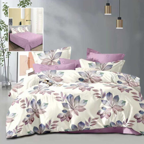 Lenjerie de pat dublu, microfibra, 4 piese, cearceaf de pat 230x250cm, cearceaf pilota 200x230cm si 2 fete de perna 50x70, alb-crem cu flori mov stilizate ECN28