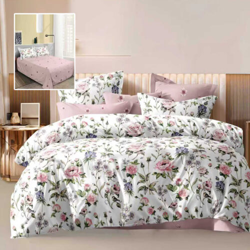 Lenjerie de pat dublu, microfibra, 4 piese, cearceaf de pat 230x250cm, cearceaf pilota 200x230cm si 2 fete de perna 50x70, alba cu flori roz si accente verzi ECN29