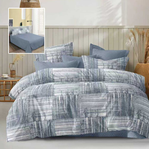 Lenjerie de pat dublu, microfibra, 4 piese, cearceaf de pat 230x250cm, cearceaf pilota 200x230cm si 2 fete de perna 50x70, gri cu pattern abstract liniar ECN31