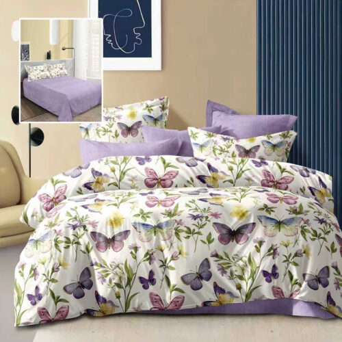 Lenjerie de pat dublu, microfibra, 4 piese, cearceaf de pat 230x250cm, cearceaf pilota 200x230cm si 2 fete de perna 50x70, alba cu fluturi mov si verzi ECN32