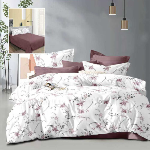 Lenjerie de pat dublu, microfibra, 4 piese, cearceaf de pat 230x250cm, cearceaf pilota 200x230cm si 2 fete de perna 50x70, alba cu flori mov si accente delicate ECN33