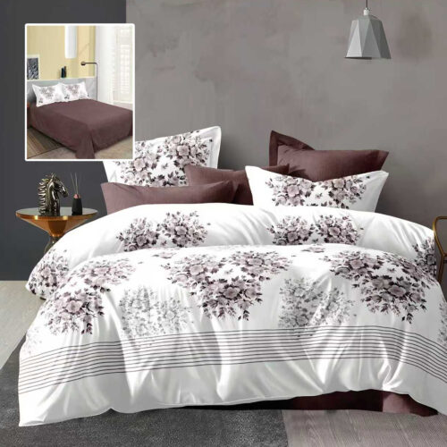 Lenjerie de pat dublu, microfibra, 4 piese, cearceaf de pat 230x250cm, cearceaf pilota 200x230cm si 2 fete de perna 50x70, alba cu imprimeu floral maro si linii fine ECN34