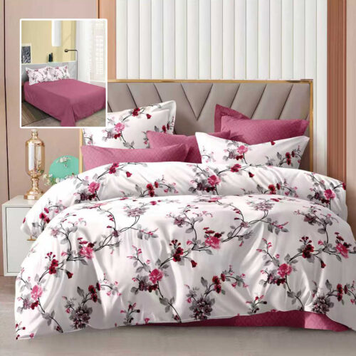 Lenjerie de pat dublu, microfibra, 4 piese, cearceaf de pat 230x250cm, cearceaf pilota 200x230cm si 2 fete de perna 50x70, alba cu flori roz si detalii visinii ECN35