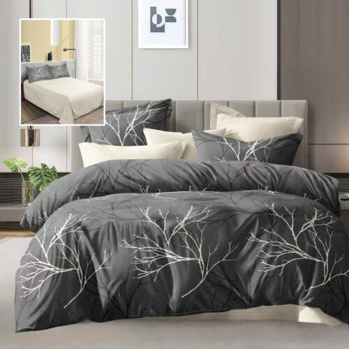 Lenjerie de pat dublu, microfibra, 4 piese, cearceaf de pat 230x250cm, cearceaf pilota 200x230cm si 2 fete de perna 50x70, gri inchis cu crengi albe stilizate ECN36