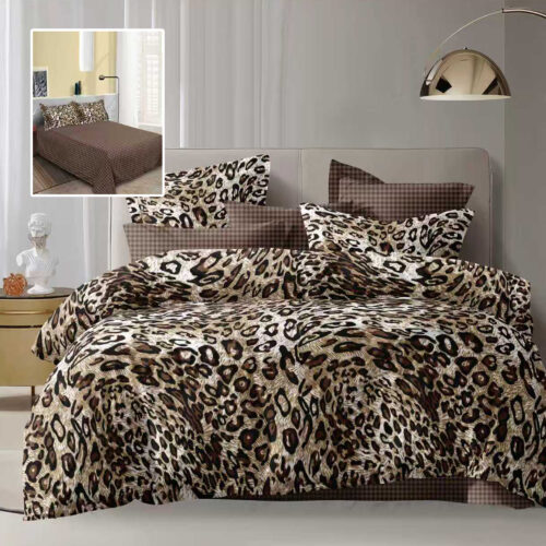Lenjerie de pat dublu, microfibra, 4 piese, cearceaf de pat 230x250cm, cearceaf pilota 200x230cm si 2 fete de perna 50x70, animal print leopard crem si maro ECN37