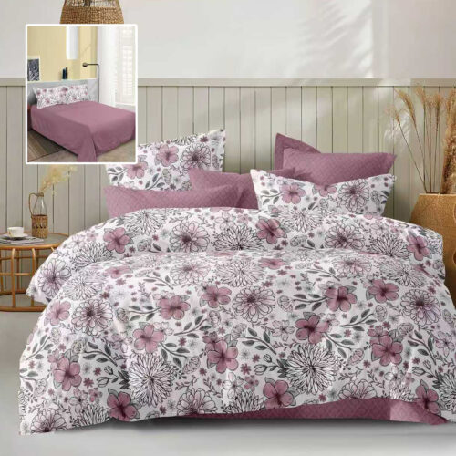 Lenjerie de pat dublu, microfibra, 4 piese, cearceaf de pat 230x250cm, cearceaf pilota 200x230cm si 2 fete de perna 50x70, alb cu flori mov si frunze gri ECN38