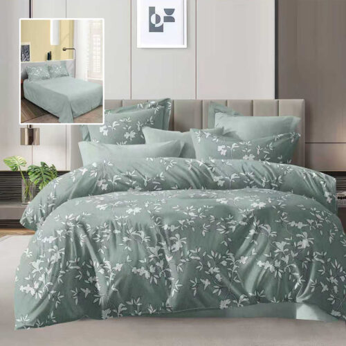 Lenjerie de pat dublu, microfibra, 4 piese, cearceaf de pat 230x250cm, cearceaf pilota 200x230cm si 2 fete de perna 50x70, verde pastel cu imprimeu floral alb ECN39