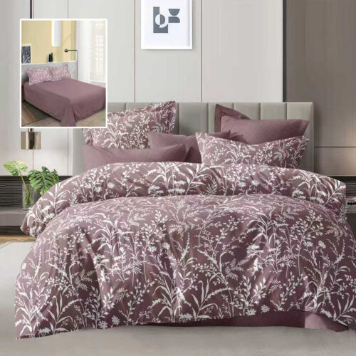 Lenjerie de pat dublu, microfibra, 4 piese, cearceaf de pat 230x250cm, cearceaf pilota 200x230cm si 2 fete de perna 50x70, mov inchis cu plante albe stilizate ECN40