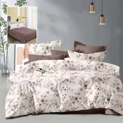 Lenjerie de pat dublu, microfibra, 4 piese, cearceaf de pat 230x250cm, cearceaf pilota 200x230cm si 2 fete de perna 50x70, alba cu flori roz si accente mov ECN41