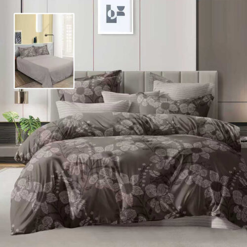 Lenjerie de pat dublu, microfibra, 4 piese, cearceaf de pat 230x250cm, cearceaf pilota 200x230cm si 2 fete de perna 50x70, gri inchis cu imprimeu floral discret ECN42