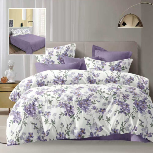 Lenjerie de pat dublu, microfibra, 4 piese, cearceaf de pat 230x250cm, cearceaf pilota 200x230cm si 2 fete de perna 50x70, alba cu flori violet si accente violet ECN43