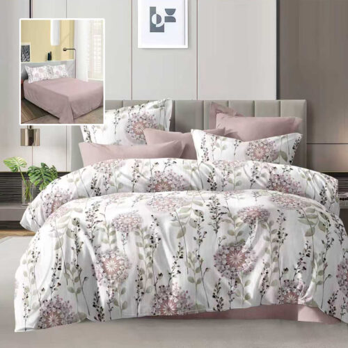 Lenjerie de pat dublu, microfibra, 4 piese, cearceaf de pat 230x250cm, cearceaf pilota 200x230cm si 2 fete de perna 50x70, alba cu flori roz si imprimeu discret ECN44