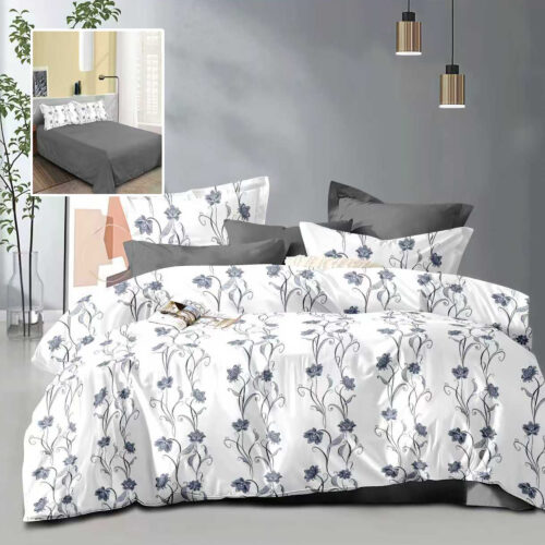 Lenjerie de pat dublu, microfibra, 4 piese, cearceaf de pat 230x250cm, cearceaf pilota 200x230cm si 2 fete de perna 50x70, alba cu imprimeu floral albastru inchis ECN45