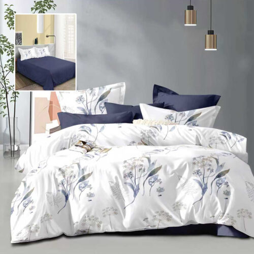 Lenjerie de pat dublu, microfibra, 4 piese, cearceaf de pat 230x250cm, cearceaf pilota 200x230cm si 2 fete de perna 50x70, alba cu flori albastre si detalii navy ECN46