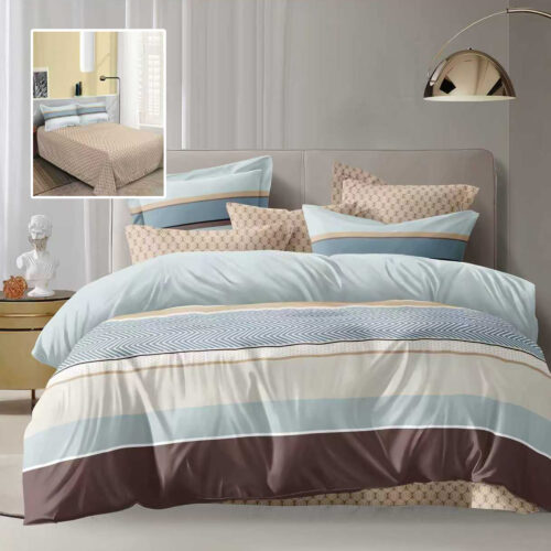 Lenjerie de pat dublu, microfibra, 4 piese, cearceaf de pat 230x250cm, cearceaf pilota 200x230cm si 2 fete de perna 50x70, in dungi bleu, bej si maro ECN47