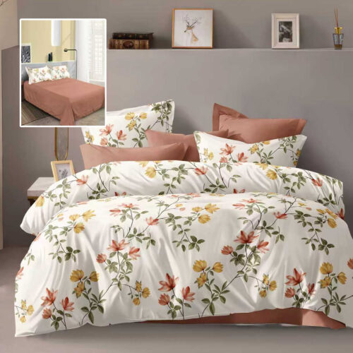 Lenjerie de pat dublu, microfibra, 4 piese, cearceaf de pat 230x250cm, cearceaf pilota 200x230cm si 2 fete de perna 50x70, alba cu flori portocalii si verzi ECN48