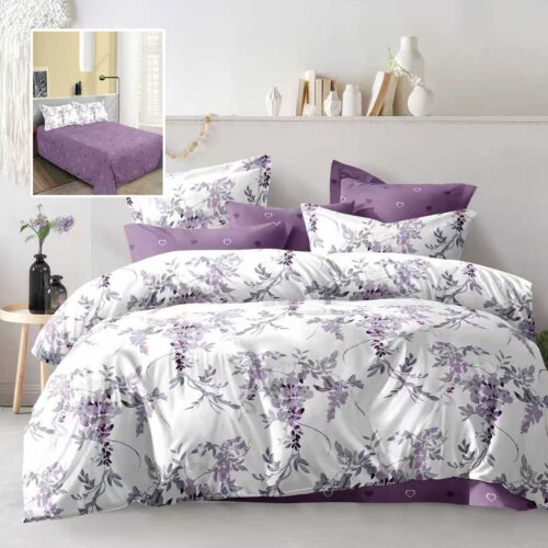 Lenjerie de pat dublu, microfibra, 4 piese, cearceaf de pat 230x250cm, cearceaf pilota 200x230cm si 2 fete de perna 50x70, alba cu flori mov si accente violet ECN50