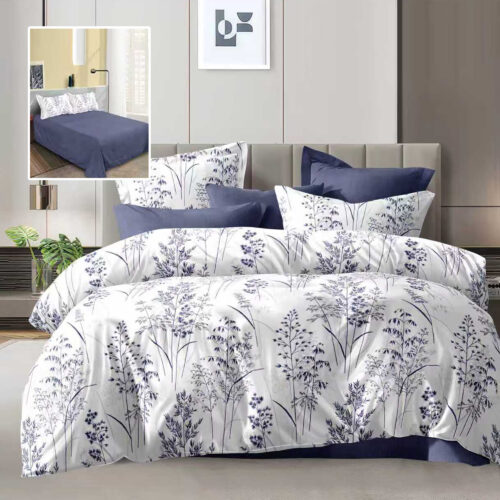 Lenjerie de pat dublu, microfibra, 4 piese, cearceaf de pat 230x250cm, cearceaf pilota 200x230cm si 2 fete de perna 50x70, alba cu flori albastre stilizate ECN51