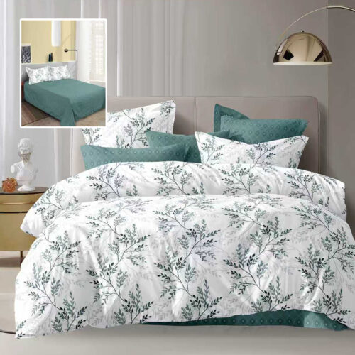 Lenjerie de pat dublu, microfibra, 4 piese, cearceaf de pat 230x250cm, cearceaf pilota 200x230cm si 2 fete de perna 50x70, alba cu frunze verzi si detalii turcoaz ECN52
