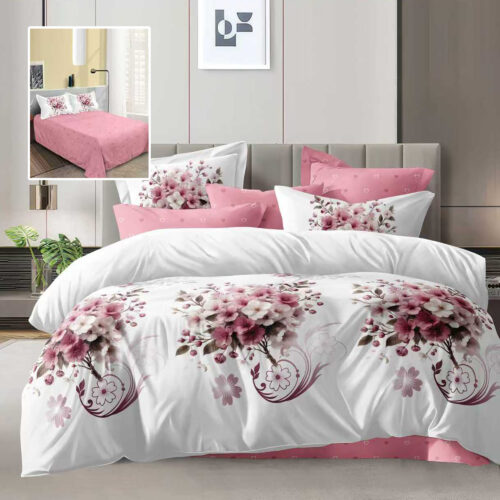 Lenjerie de pat dublu, microfibra, 4 piese, cearceaf de pat 230x250cm, cearceaf pilota 200x230cm si 2 fete de perna 50x70, alba cu flori roz si detalii decorative ECN53
