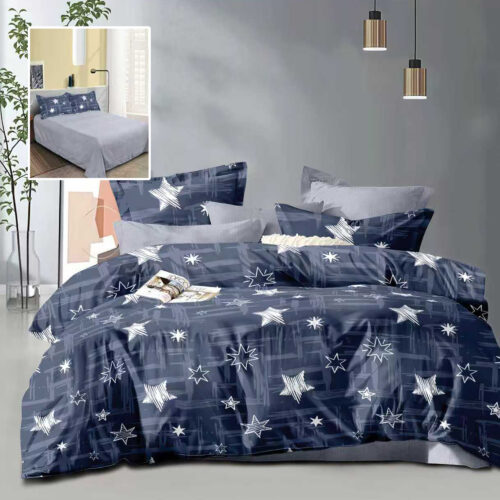 Lenjerie de pat dublu, microfibra, 4 piese, cearceaf de pat 230x250cm, cearceaf pilota 200x230cm si 2 fete de perna 50x70, albastru inchis cu stele albe ECN54