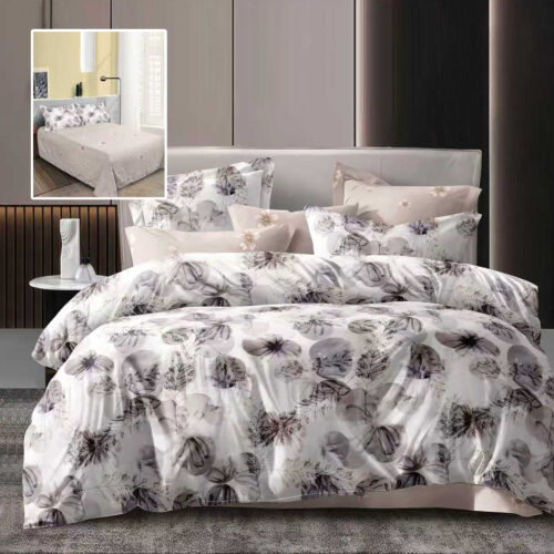 Lenjerie de pat dublu, microfibra, 4 piese, cearceaf de pat 230x250cm, cearceaf pilota 200x230cm si 2 fete de perna 50x70, alba cu flori gri si mov pal ECN55