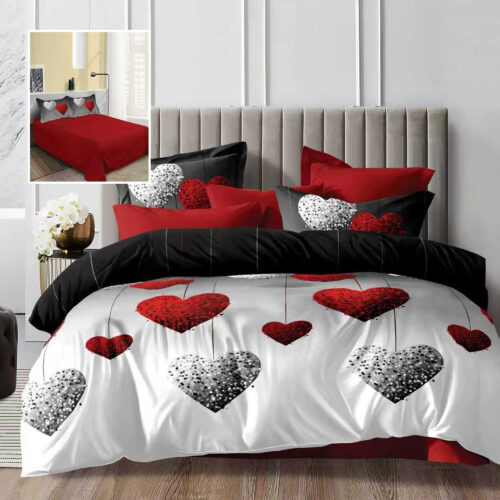 Lenjerie de pat dublu, microfibra, 4 piese, cearceaf de pat 230x250cm, cearceaf pilota 200x230cm si 2 fete de perna 50x70, alb-negru cu inimi rosii si imprimeu contrastant ECN56