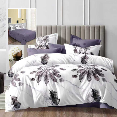 Lenjerie de pat dublu, microfibra, 4 piese, cearceaf de pat 230x250cm, cearceaf pilota 200x230cm si 2 fete de perna 50x70, alba cu pene mov si accente gri ECN57