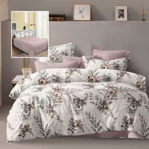 Lenjerie de pat dublu, microfibra, 4 piese, cearceaf de pat 230x250cm, cearceaf pilota 200x230cm si 2 fete de perna 50x70, alba cu flori maro si detalii roz pal ECN58