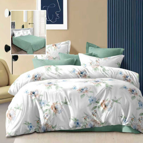 Lenjerie de pat dublu, microfibra, 4 piese, cearceaf de pat 230x250cm, cearceaf pilota 200x230cm si 2 fete de perna 50x70, alba cu flori pastel si verde deschis ECN59